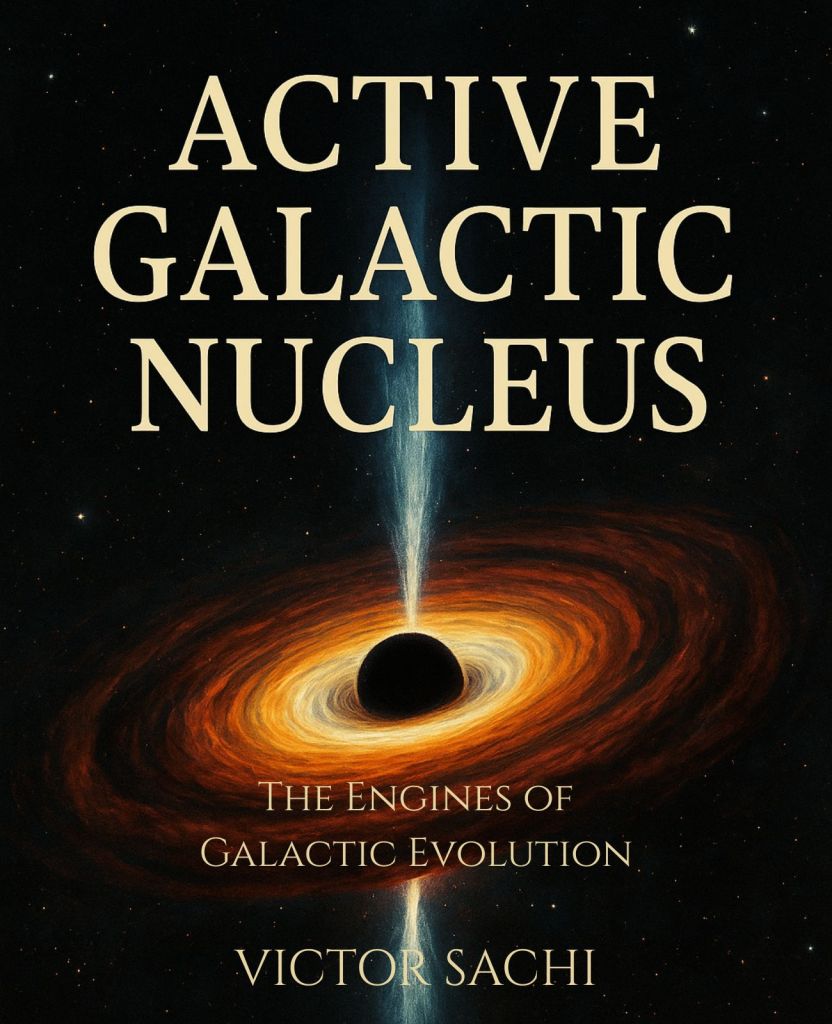 Book cover for Active Galactic Nucleus: The Engines of Galactic Evolution by Victor Sachi. The design shows a glowing accretion disk of orange and yellow light swirling around a central black void, with powerful blue-white jets shooting vertically into space against a backdrop of stars.