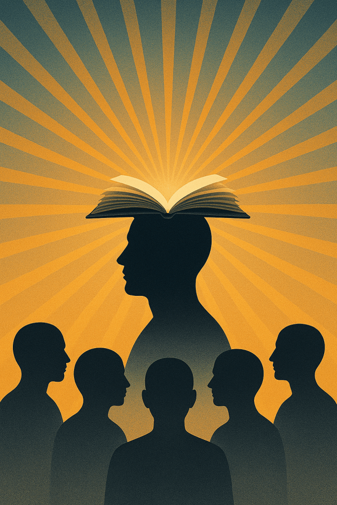 portfolio silhouette of a person with an  open book on top on their head, rays of light emanating from the book in all directions, and 5 smaller silhouettes around the bottom of the person in the center 