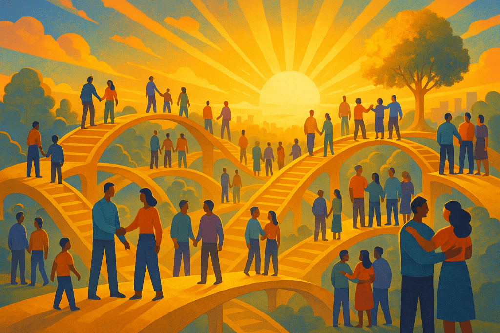 Bridges in golden light with paths forward – symbolic of building a new world with abundance and inclusion