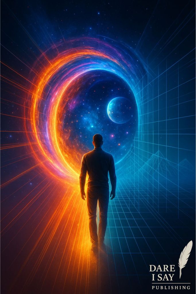 Silhouette of a person walking toward a circular cosmic doorway with the world on the other side, symbolizing how reading expands the world.