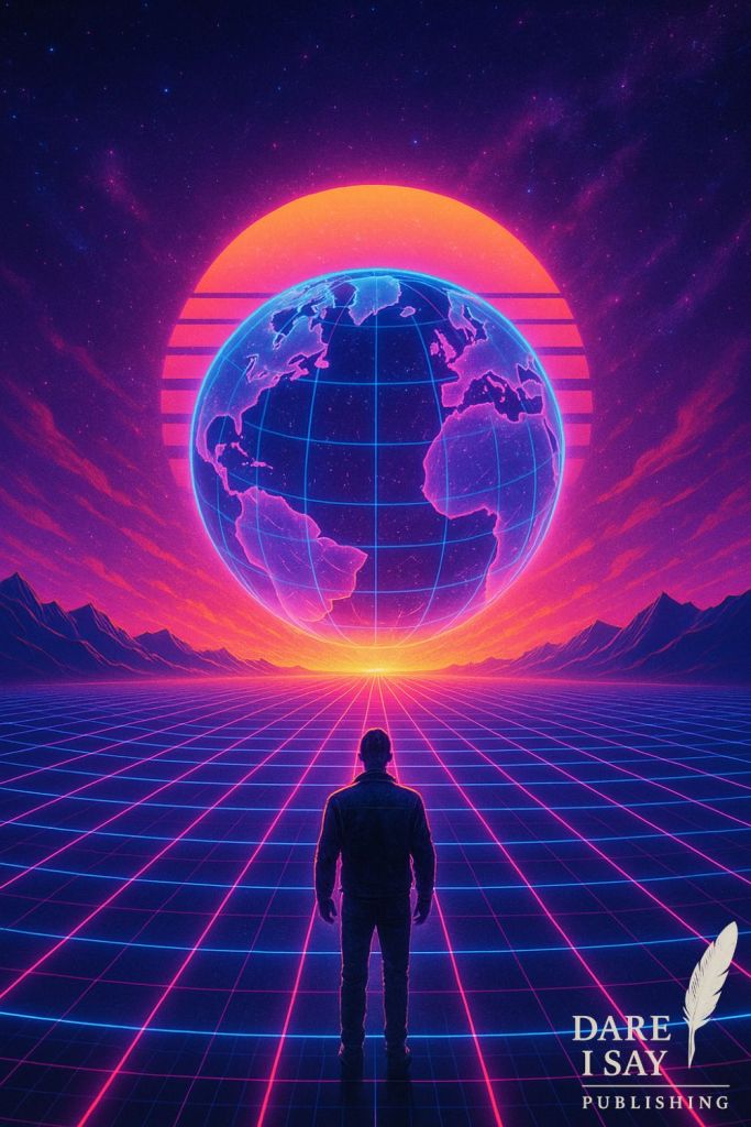 Silhouette of a person from behind standing looking toward a futuristic sunset with mountains on either side with an Earth globe in front of the sun symbolizing the cognitive power of reading for expanding reality