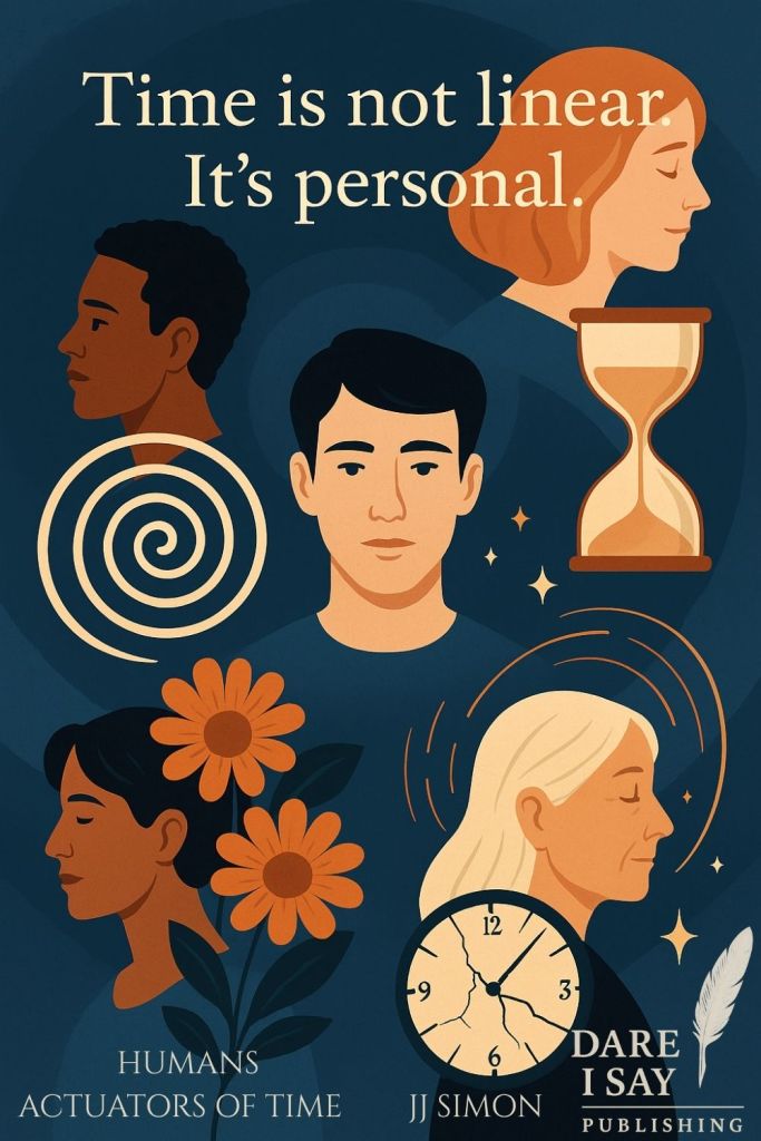 Five human heads and shoulders arranged with one in the center and four profiles in each quadrant. Each quadrant contains an hourglass, a broken circular watch face, flowers, and a spiral. Text reads: “Time is not linear. It’s personal.” From Humans Actuators of Time – find it now at Dare I Say Publishing.