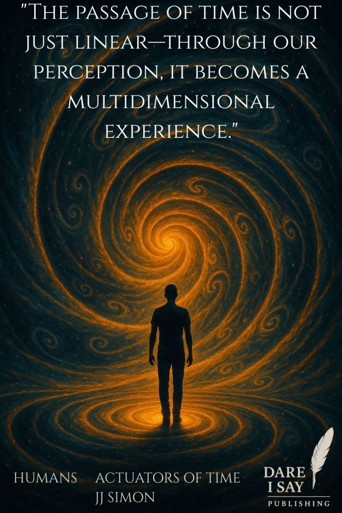 Small human silhouette standing on a golden spiral that begins beneath their feet, spiraling outward and connecting to another spiral in front, with smaller spirals branching off. Text reads: “The passage of time is not just linear – through our perception, it becomes a multidimensional experience.” From the book Humans Actuators of Time – explore more at Dare I Say Publishing.