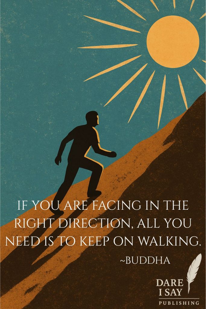 Motivational art with silhouette of man walking up a mountain and quote: “If you are facing in the right direction, all you need is to keep on walking.” Message of perseverance and self-trust.