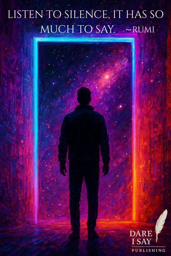 Inspirational quote graphic with Rumi’s words: “Listen to silence. It has so much to say.” Cosmic, spiritual, and calming message.