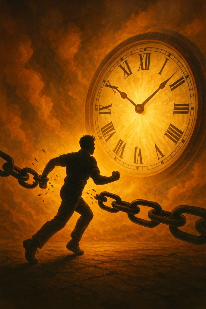 Dramatic artwork of a figure running toward a glowing clock while breaking free from heavy chains. Symbolizes liberation from restrictive concepts of time.