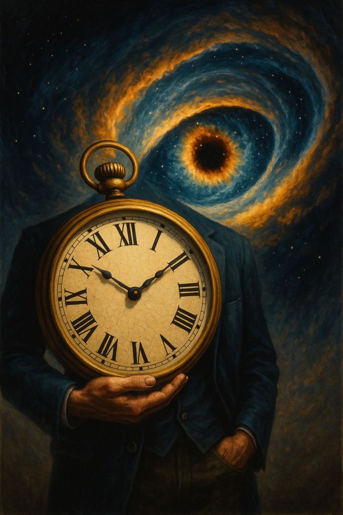 Surreal artwork of a man holding a large golden pocket watch, with a cosmic vortex spiraling behind him. Symbolizes the mysteries of time and consciousness.