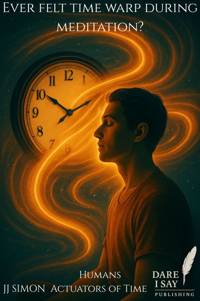 A man, waist up, meditating with eyes closed, one knee visible, a large circular clock behind his head, golden light streams connecting man and clock; text reads: “Ever felt time warp during meditation?”