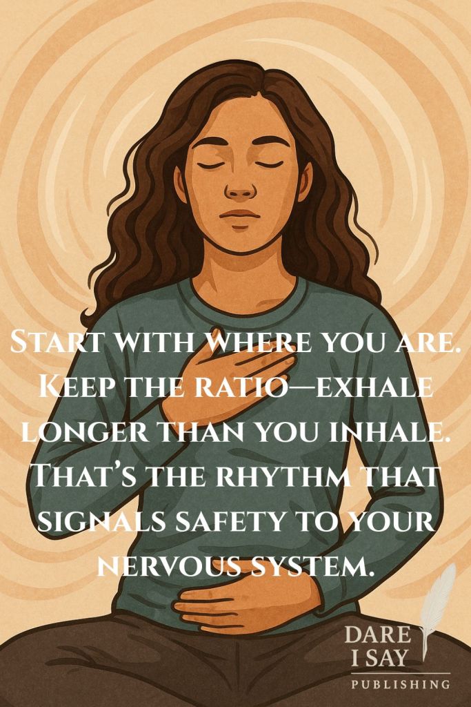 Woman in seated meditation pose with hands on heart and abdomen, eyes closed, focusing on deep breathing for nervous system regulation.