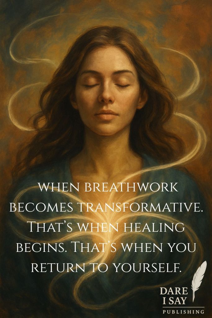 Woman practicing pranayama breathwork, eyes closed, with light streams symbolizing transformation through mindful breathing.