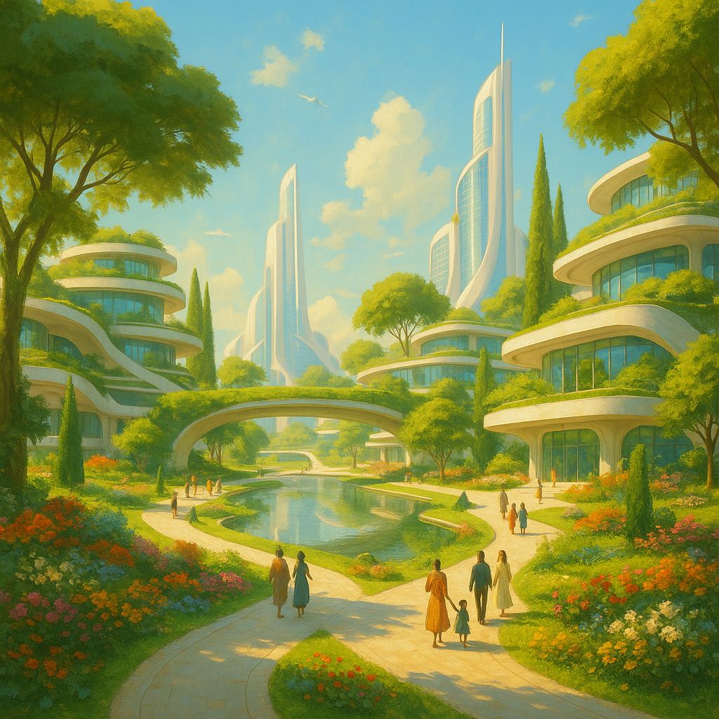 Futuristic city with lots of luscious green landscape – symbolic of a new world built with abundance for all mindset.