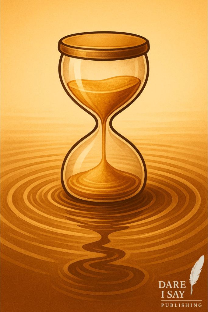 golden hourglass with sand pouring through and golden ripples around the bottom symbolizing the rippling effects of time management techniques and a blog for improving productivity and focus