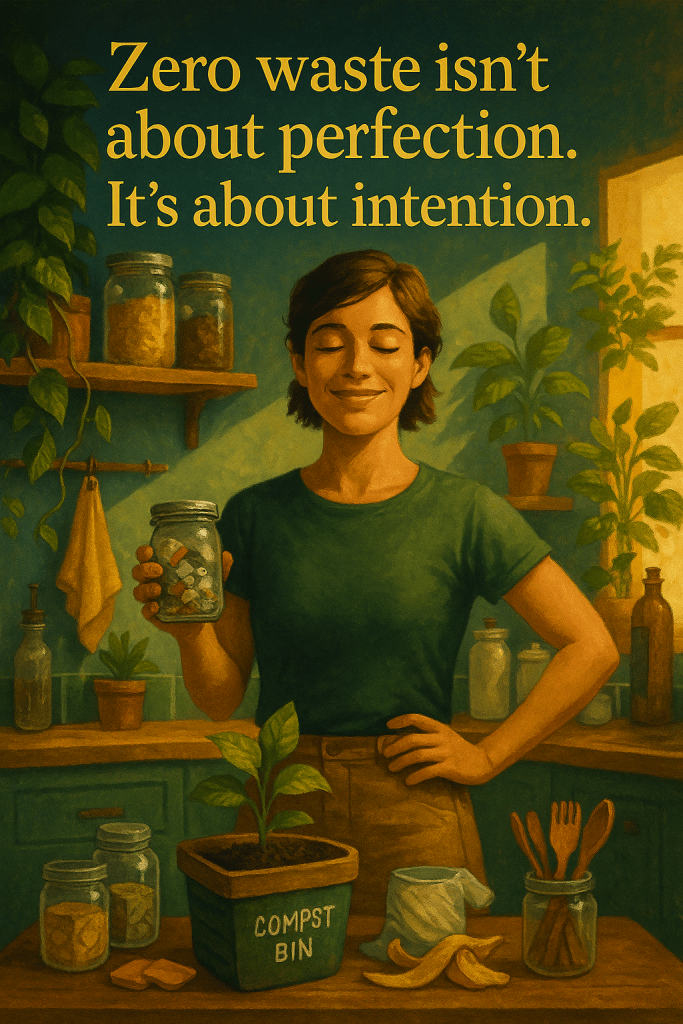 illustration of a woman standing in her kitchen that's filled with sustainable practices in use with text saying "Zero waste isn't about perfection. It's about intention."