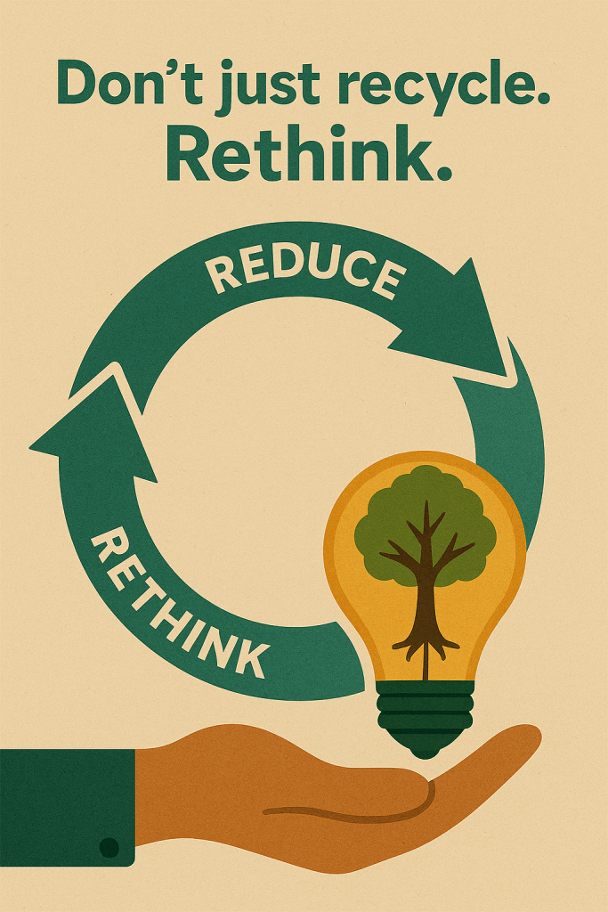 illustration of a hand with a lightbulb above it that has a tree inside rather than a fuse with circular arrows in the background that have writing in them, one says REDUCE, the other RETHINK, with image text that says "Don't just recycle. Rethink.