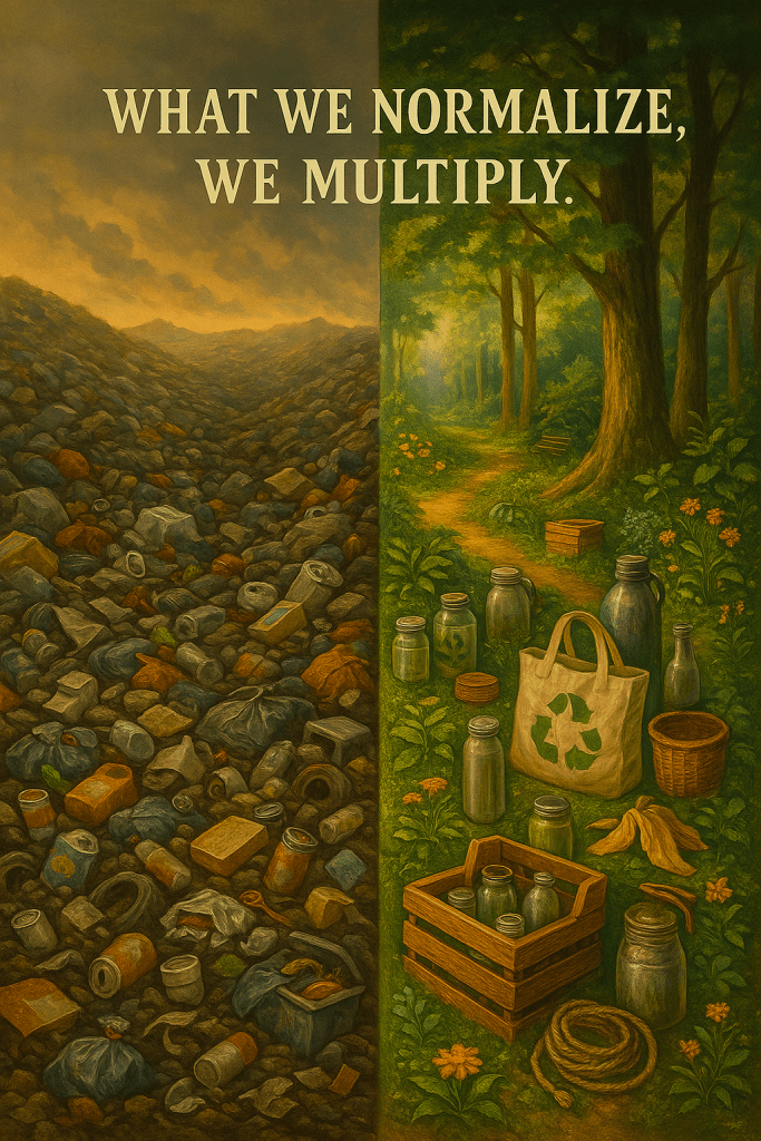 illustration, half is a landscape of garbage with a polluted-looking sky, the other side is a beautiful forest path with sustainable products like glassware, baskets, and reusable products in the foreground with text saying "What we normalize, we multiply."