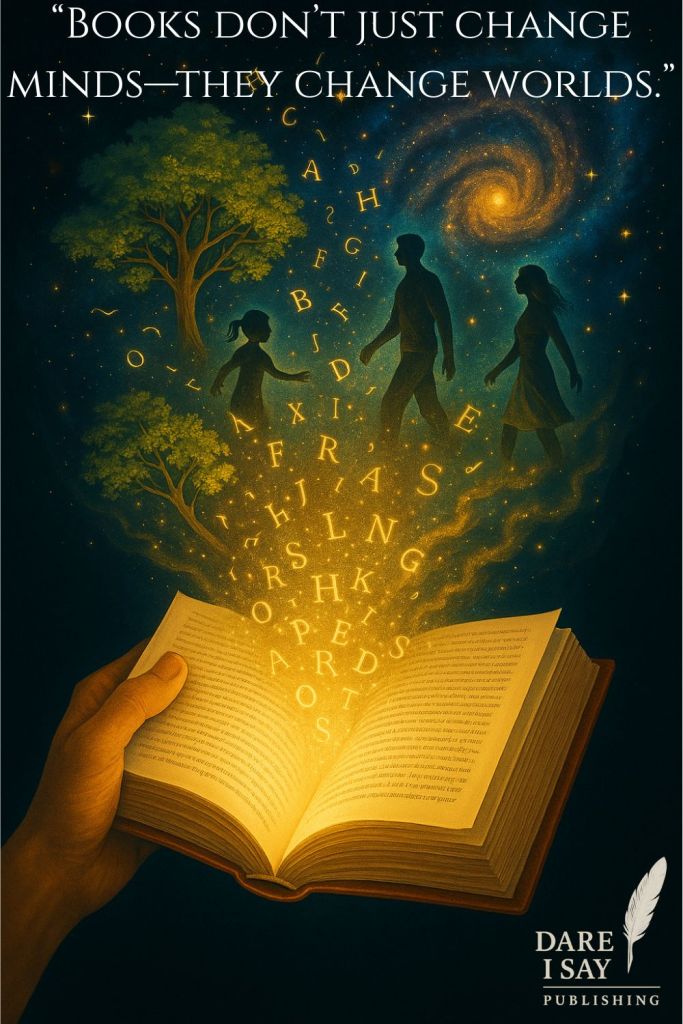 Digital image of a hand holding an open glowing book, with words spilling out and morphing into galaxies, trees, and people, with text saying “Books don’t just change minds—they change worlds", , symbolizing the transformative power of books.