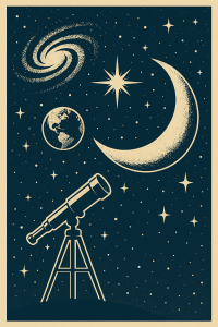 Author image for Victor Sachi, monochrome illustration including a tripod telescope, a crescent moon, the Earth, stars of various sizes, and a spiral galaxy representing his genre of space within nonfiction.
