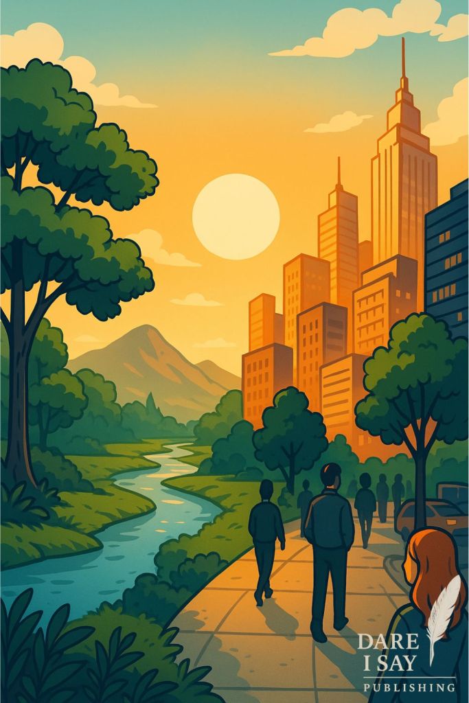 Illustration of a city skyline with tall skyscrapers on one side and a river with trees and natural landscape on the other, symbolizing the choice between urban waste and sustainable living.