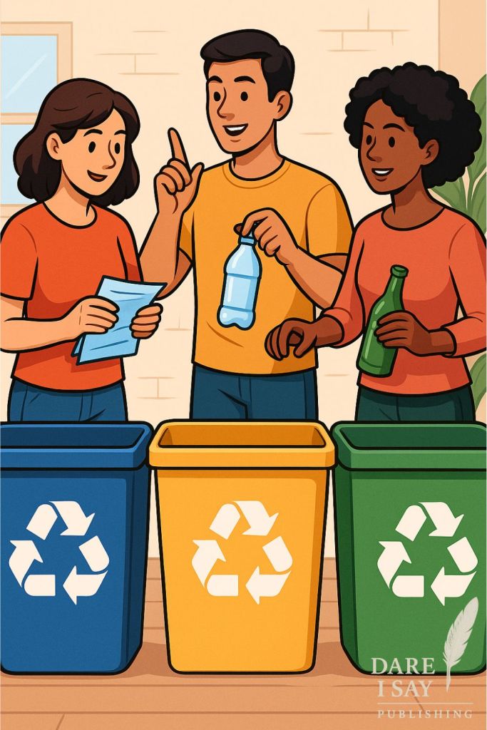 Illustration of three people standing by large recycling bins, sorting paper, plastic, and glass into the correct containers.