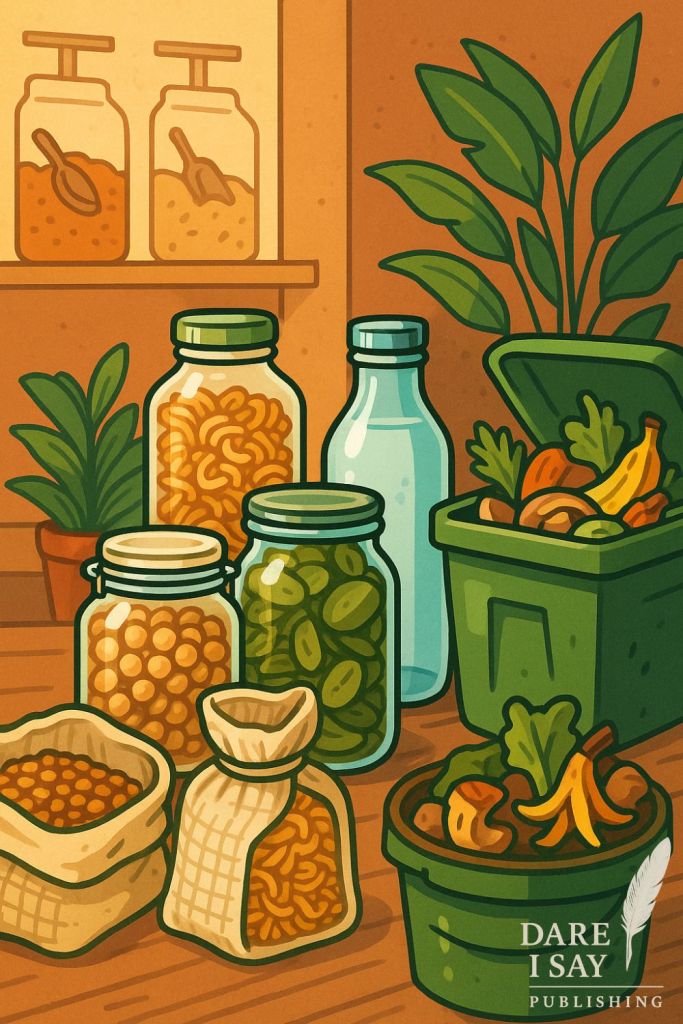 Illustration of a kitchen counter with glass jars filled with grains and pickles, alongside a compost bin containing vegetable scraps, highlighting zero waste food storage and composting.