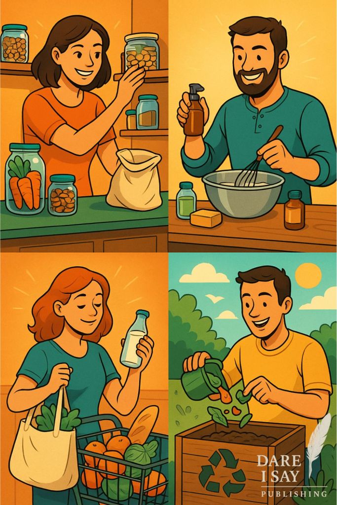 Illustrated collage showing four sustainable practices: a person bulk shopping with jars, someone making DIY products, a person carrying reusable bags, and a compost bin with food scraps.