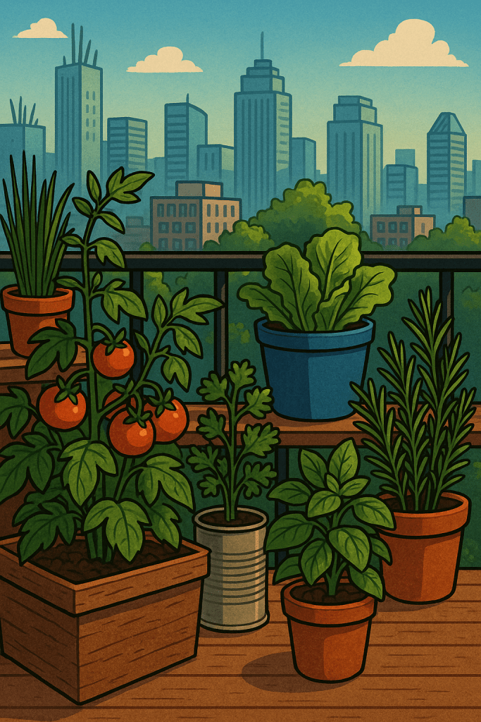 Illustration of a balcony garden with various container vegetables and herbs growing with a city landscape in the background