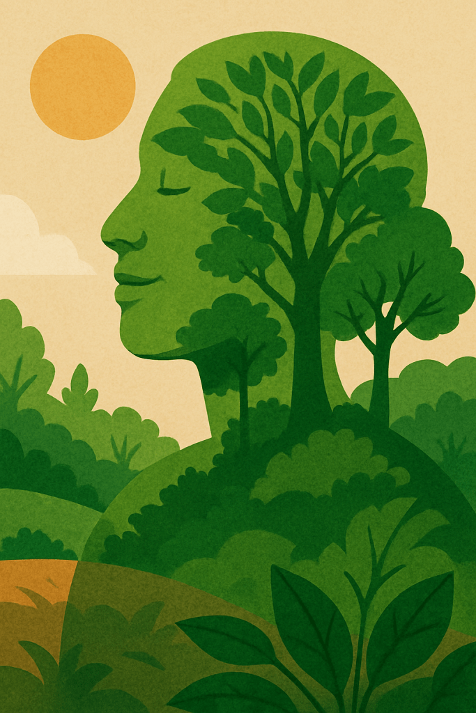 Stylized art of a serene human profile made of trees, leaves, and hills, blending seamlessly with a natural landscape under a sunlit sky.