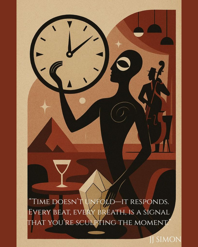 Art Deco-style illustration of an abstract human figure holding a clock, with a jazz band in the background and a glass on a table. Text reads: “Time doesn’t unfold—it responds. Every beat, every breath, is a signal that you’re sculpting the moment.” Attributed to JJ Simon.