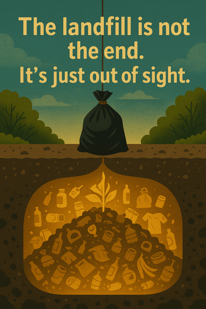 Illustration of a trash bag lowered into the ground. Above, it looks hidden; below, an underground section reveals piles of waste shaped like a plant. Text reads: “The landfill is not the end. It’s just out of sight.” From Zero Waste Maximum Impact: A Practical Guide to Sustainable Living.