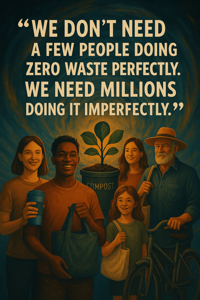 Illustration of a diverse group of smiling people holding reusable items, standing around a plant growing from a compost bin. Text reads: “We don’t need a few people doing zero waste perfectly. We need millions doing it imperfectly.” Attributed to Ainsley Fox.