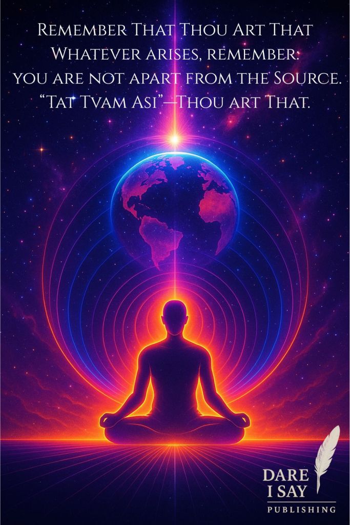 A glowing meditating silhouette radiates orange and violet light, seated beneath a radiant depiction of Earth encircled by cosmic energy. A beam of light connects the meditator’s crown to the planet above, symbolizing unity with all existence. Text reads: “Remember that Thou art That. Whatever arises, remember—you are not apart from the Source. ‘Tat Tvam Asi’—Thou art That.” The Dare I Say Publishing logo appears at the bottom.  