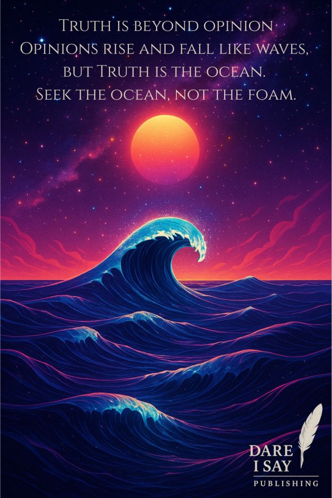A majestic wave rises under a glowing pink and orange sun in a deep indigo sky. The text above reads: “Truth is beyond opinion. Opinions rise and fall like waves, but truth is the ocean itself—the ocean, not the foam.” The Dare I Say Publishing logo appears in the lower right.