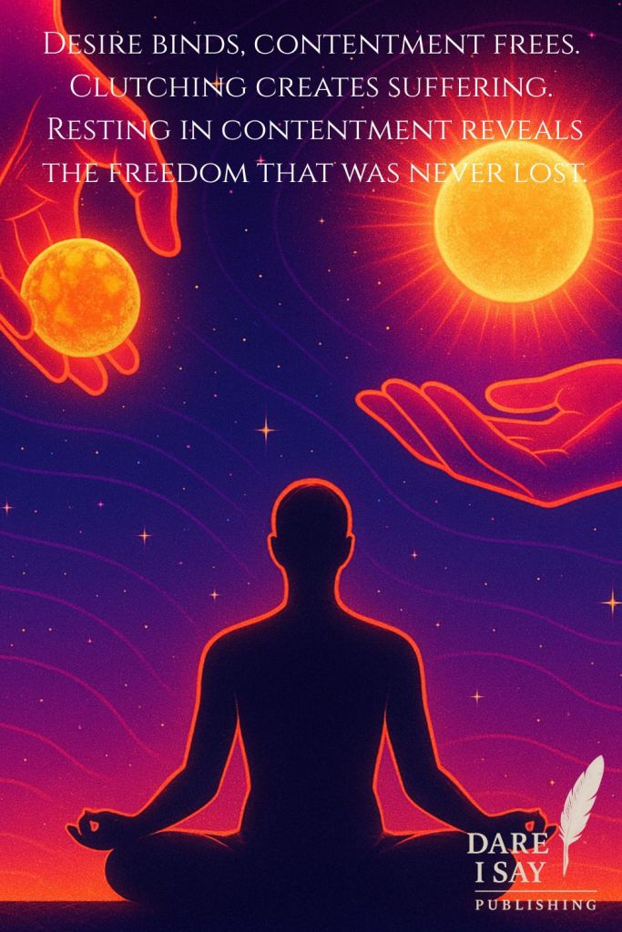 A meditating figure sits beneath two radiant orbs held in cosmic hands—one representing desire, the other freedom. Warm sunset tones merge with glowing red and gold energy. Text above reads: “Desire binds, contentment frees. Clutching creates suffering; resting in contentment reveals the freedom that was never lost.” The Dare I Say Publishing logo appears at the bottom.