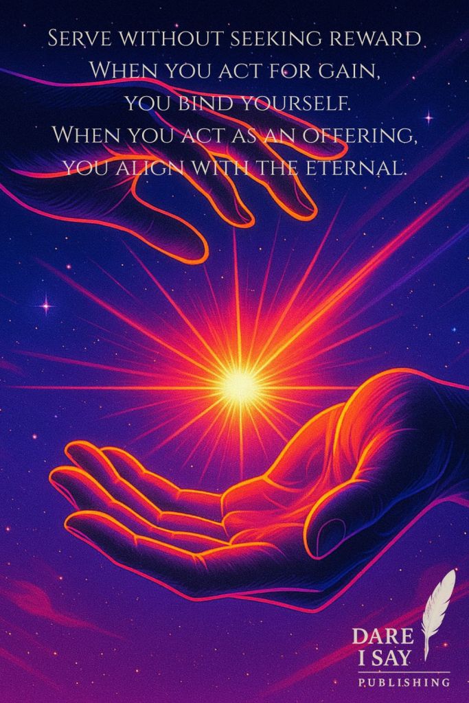 Two luminous hands cradle a glowing sphere of golden light against a deep indigo background. Text above reads: “Serve without seeking reward. When you act for gain, you bind yourself. When you act as an offering, you align with the eternal.” The Dare I Say Publishing logo appears at the bottom.