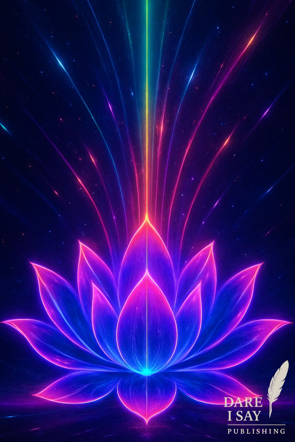 Vibrant lotus flower with streaks of colors shooting out representing purity, resilience, inspiration, motivation, and wisdom