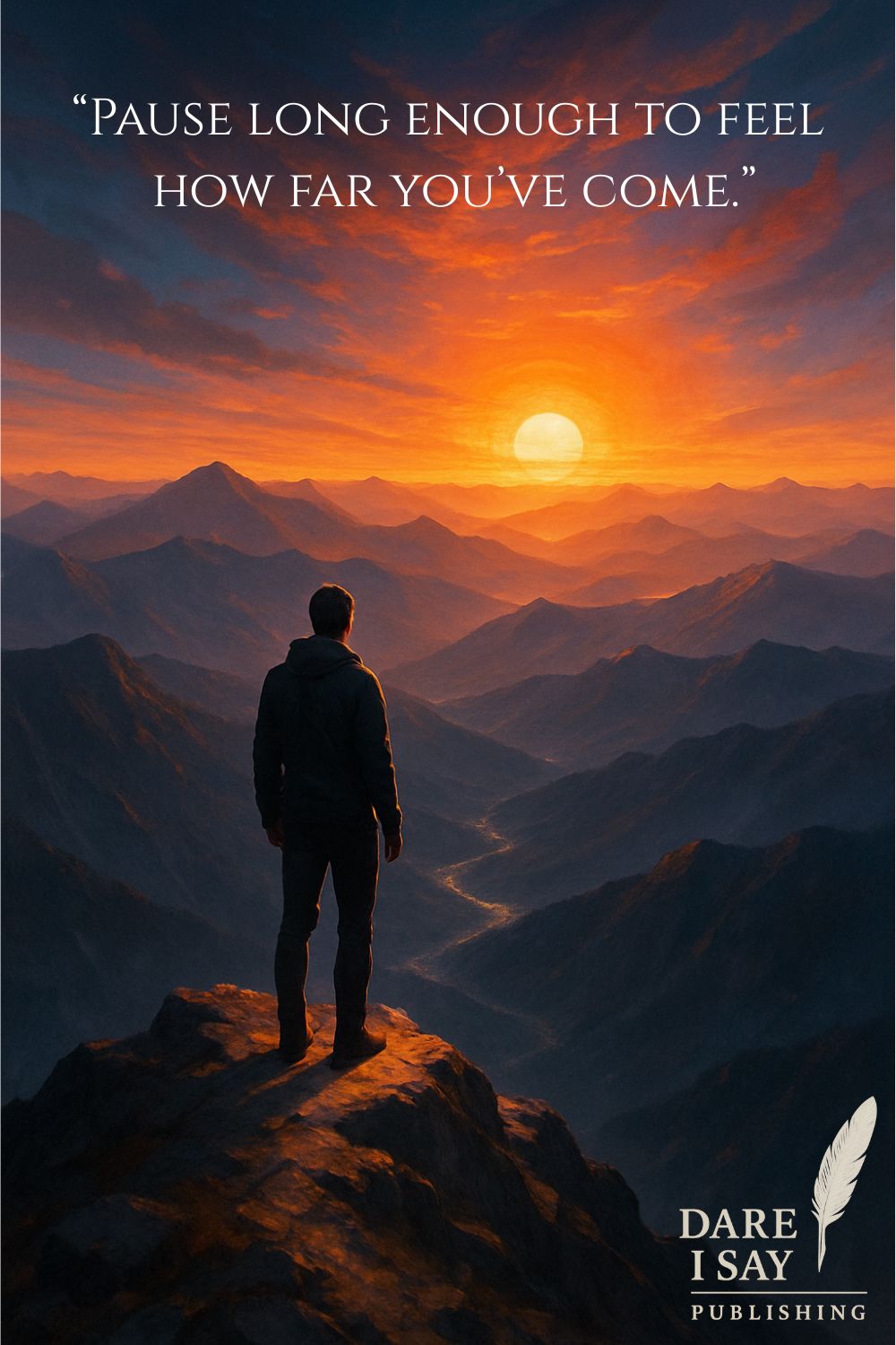 A silhouetted person stands on the edge of a rocky mountain cliff overlooking layers of distant mountain ranges at sunset. The sky glows with deep orange and gold hues as the sun sits low on the horizon, casting warm light across the landscape. Overlaid text reads, “Pause long enough to feel how far you’ve come.” In the bottom right corner is the Dare I Say Publishing logo with a feather icon.