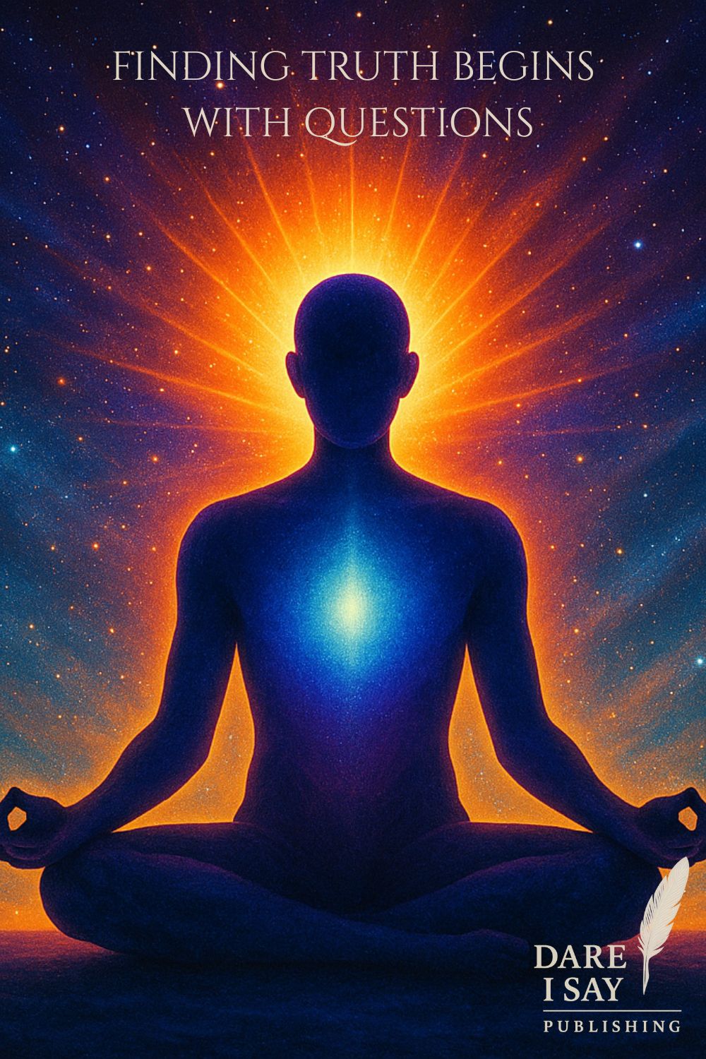 Meditating figure in lotus position with glowing heart center and radiant light behind the head, symbolizing self-inquiry and inner awakening.