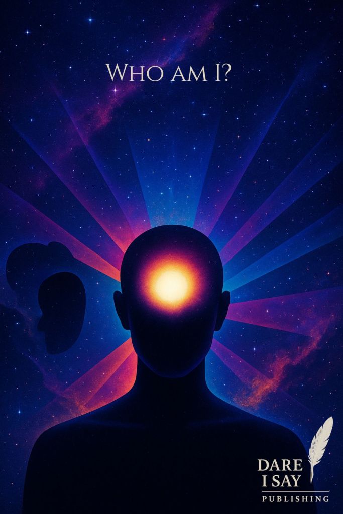 Silhouetted human figure with glowing light at the forehead surrounded by fading faces, representing identity and self-awareness.