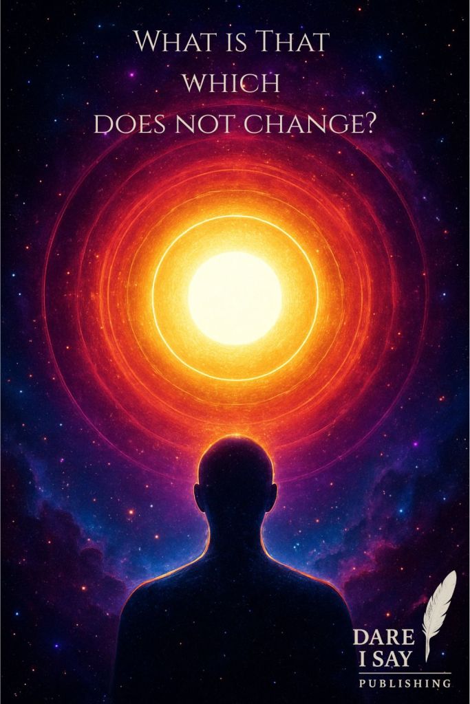 Silhouetted figure facing radiant cosmic sun with glowing rings, symbolizing eternity and the unchanging witness.