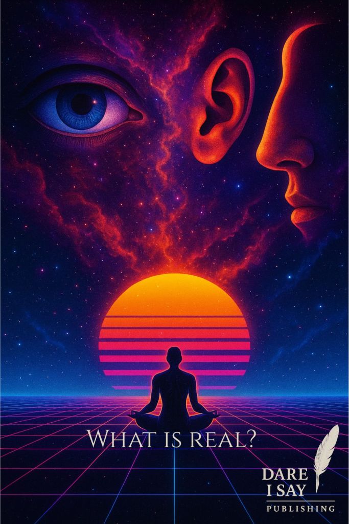 Surreal cosmic sunset with overlapping human faces and eyes, symbolizing perception and the nature of reality.