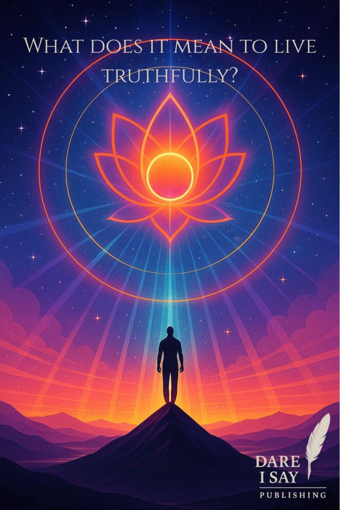 Person standing on mountaintop beneath glowing lotus and sacred geometry, representing truth, purpose, and personal alignment.