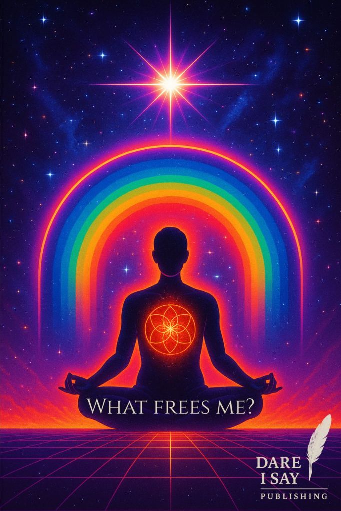 Meditating figure beneath cosmic rainbow arch with glowing heart center, symbolizing freedom, clarity, and awakening.