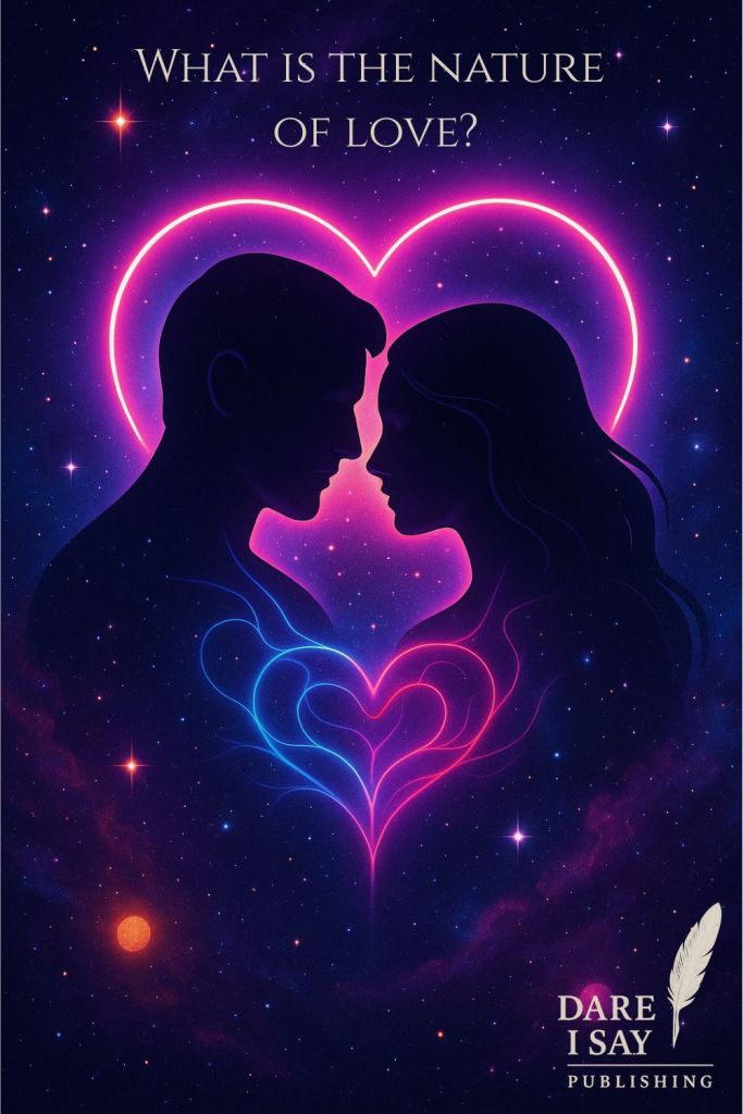 Two luminous human silhouettes facing each other surrounded by glowing heart-shaped energy, symbolizing love and connection.