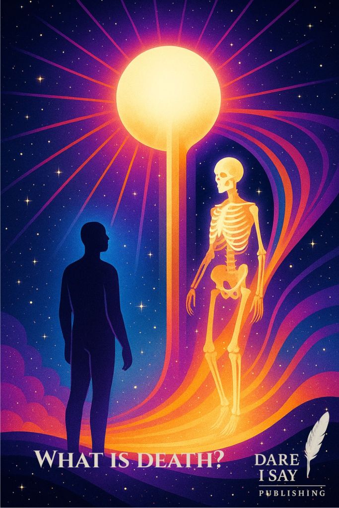 Glowing skeleton and human silhouette beneath radiant sun, symbolizing mortality, transformation, and the mystery of death.