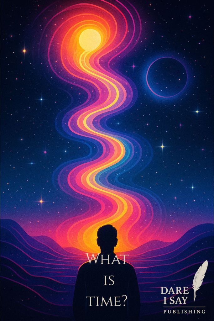 Silhouetted head beneath swirling cosmic energy and planets, symbolizing time, consciousness, and universal awareness.