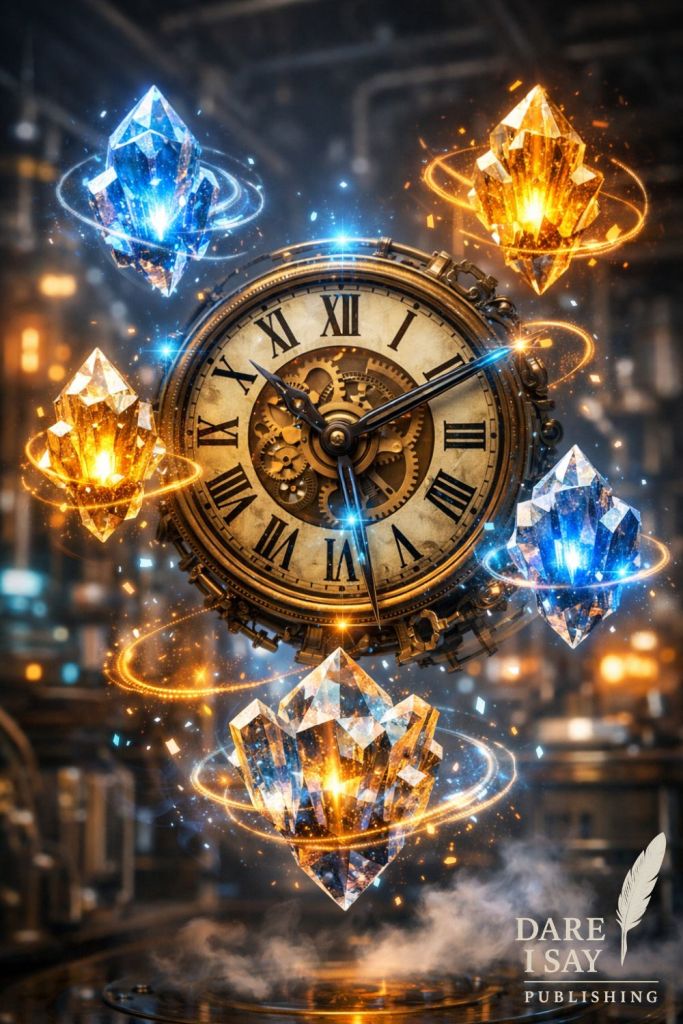 A floating mechanical clock surrounded by blue and gold crystals wrapped in glowing rings, set inside an industrial laboratory, symbolizing wave-mediated interactions and levitating time crystals. Dare I Say Publishing logo visible.
