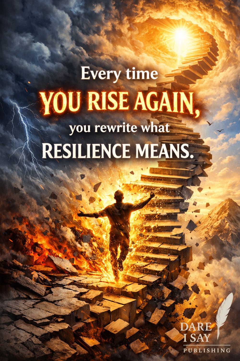 A dramatic scene shows a person rising from fiery ground toward a glowing staircase ascending into the sky, symbolizing resilience and growth. The image includes the quote: “Every time you rise again, you rewrite what resilience means.”