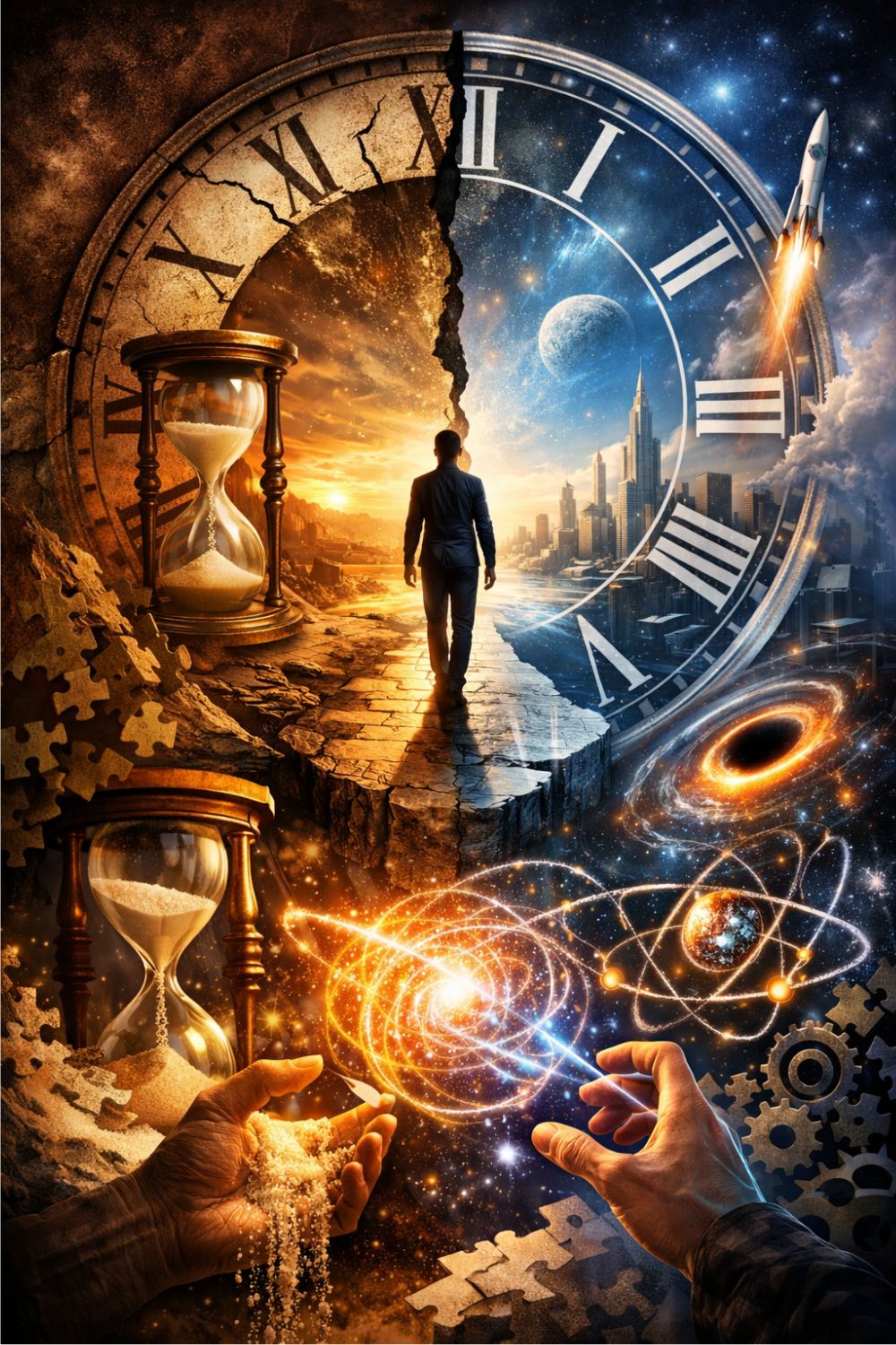 A man walking along a fractured path between past and future, with hourglasses, a giant clock, a rocket launch, and a black hole, illustrating the transition between time eras and human progress.