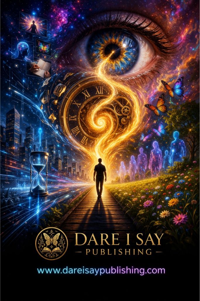 A surreal cosmic eye overlooking a human walking toward a glowing spiral clock, blending city life, nature, butterflies, and timelines, symbolizing awareness, time, and human evolution, with Dare I Say Publishing branding.