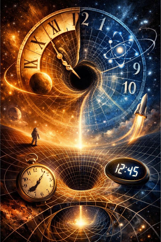 A split cosmic clock collapsing into a black hole, surrounded by planets, rockets, and digital and analog timepieces, representing the convergence of scientific and measured time.
